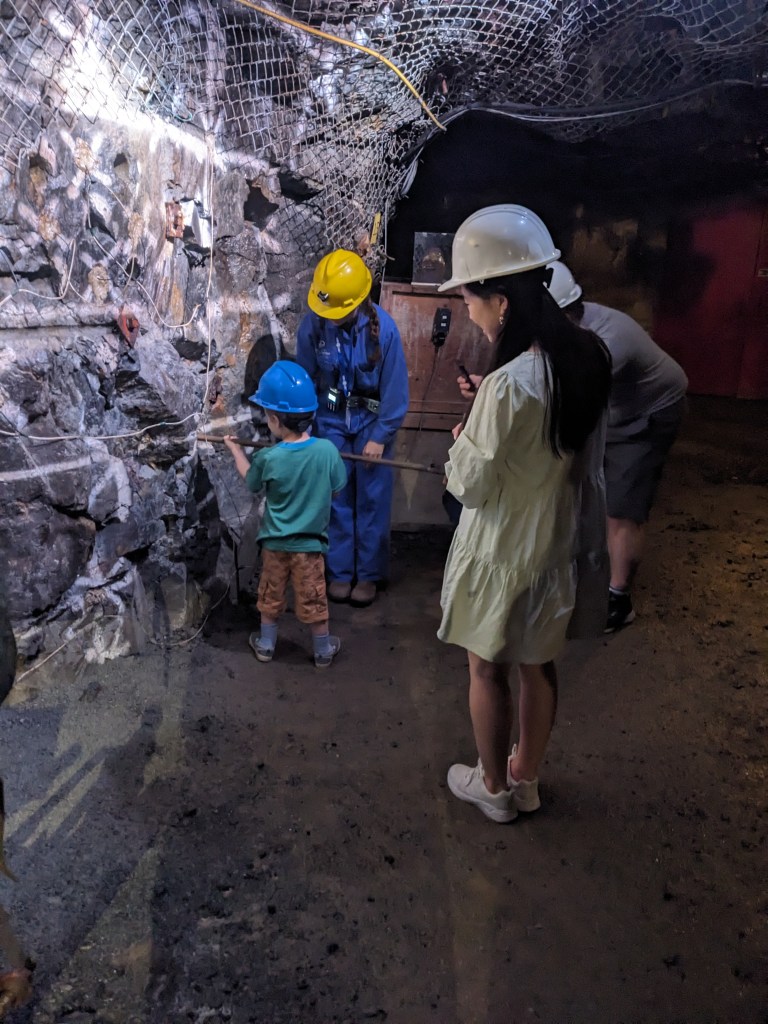 The a collegue wearing a hard hat and safety gear standing deep inside a dark, lit nickel mine tunnel.