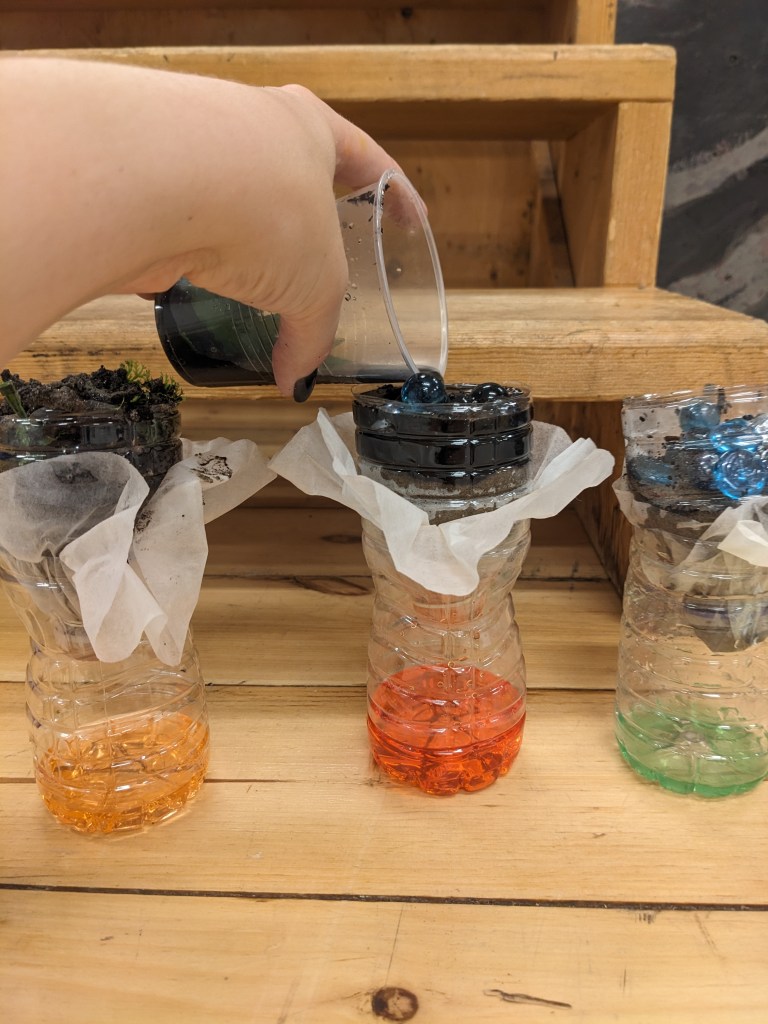 DIY water filtration systems made from cut plastic bottles layered with sand, gravel, and rocks.
