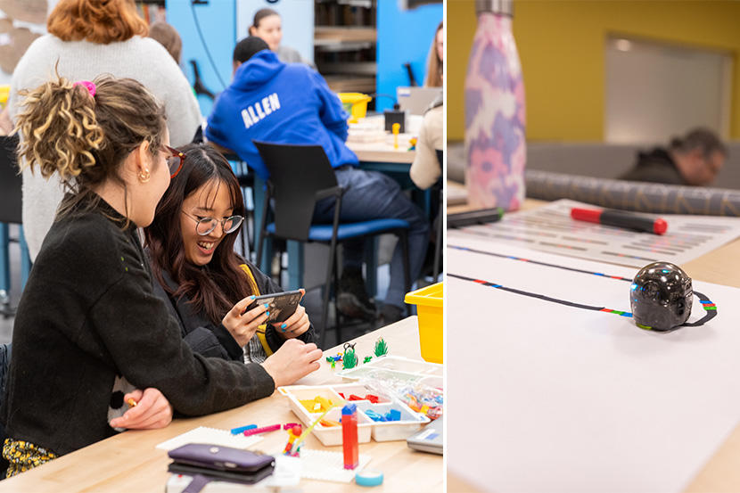 Left: Bachelor of Education students snapping photos of their edstudiO creations. Right: A mini-robot follows a hand-drawn colour path.